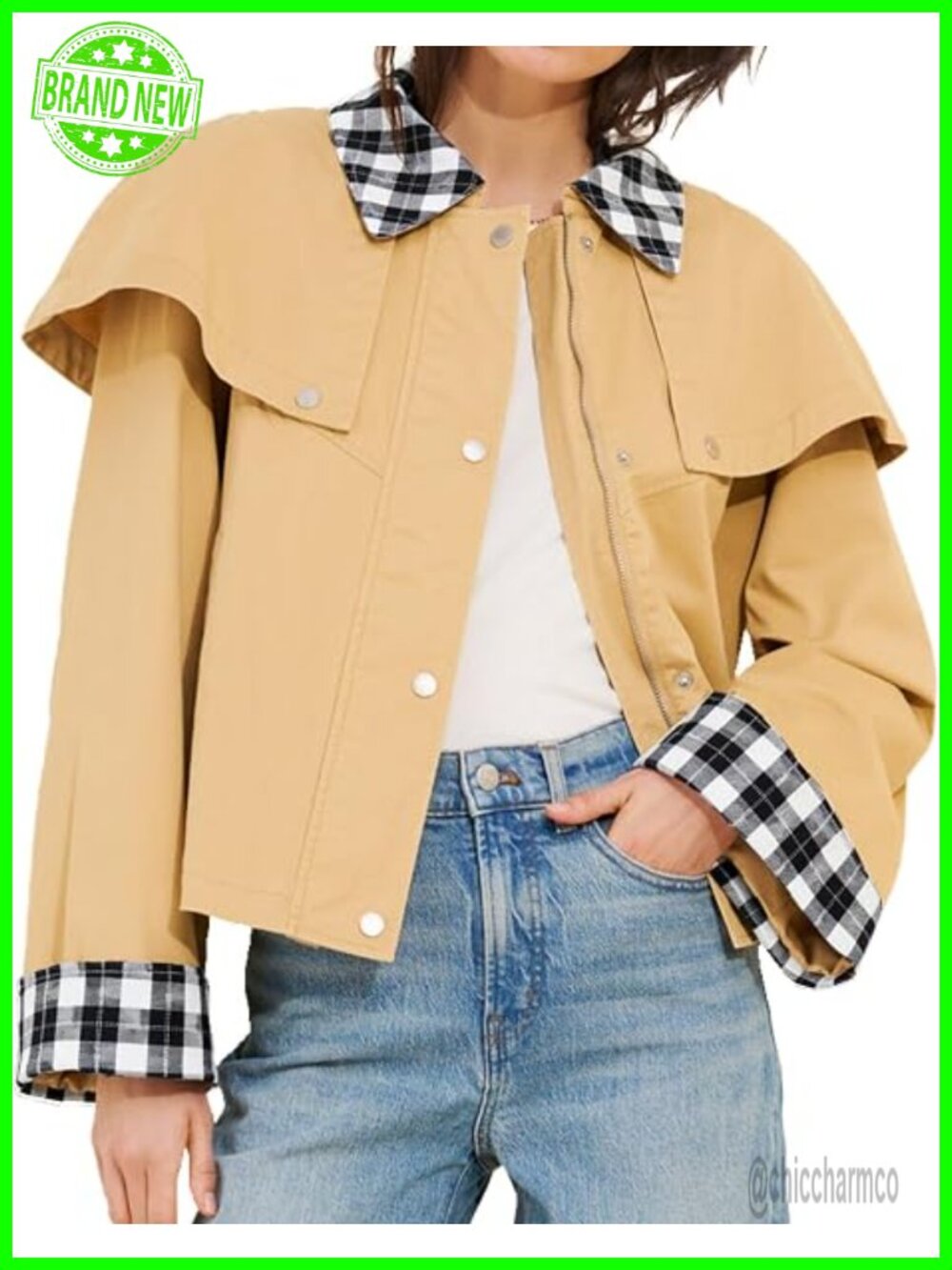 Cape Jacket Lightweight Cotton Cropped Trench Coat with Snap Buttons